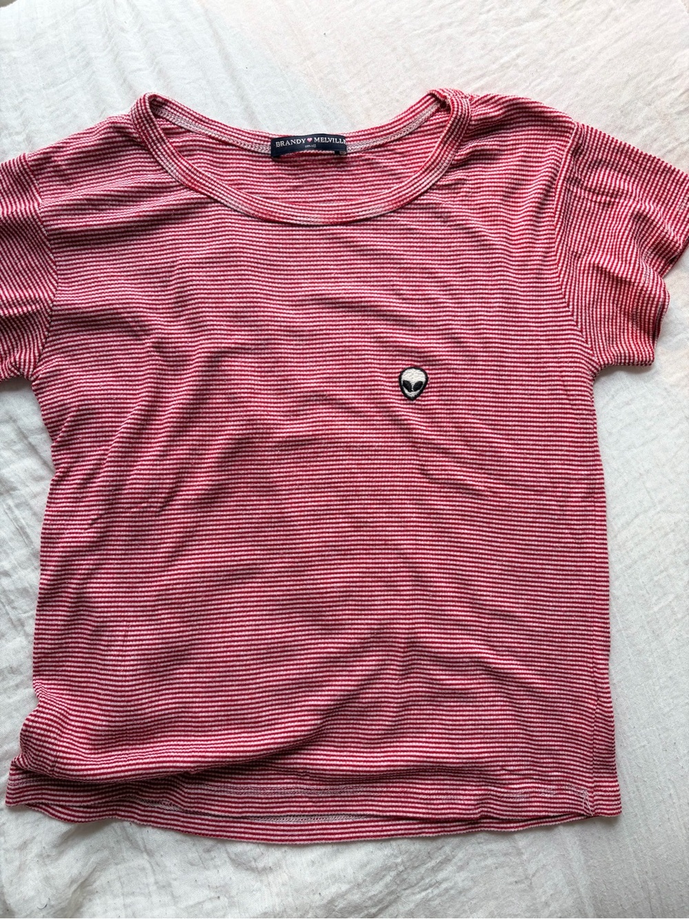 Brandy Melville Red and White Striped Tee with Alien Patch